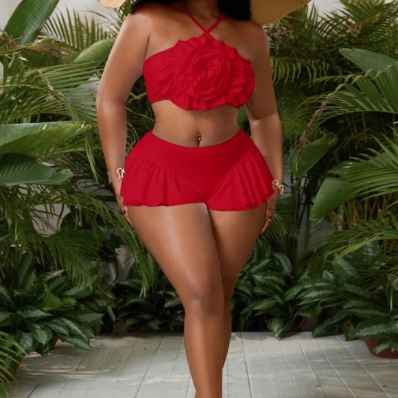 Red Ruffled Two-Piece Swimsuit - Picture 2 of 3